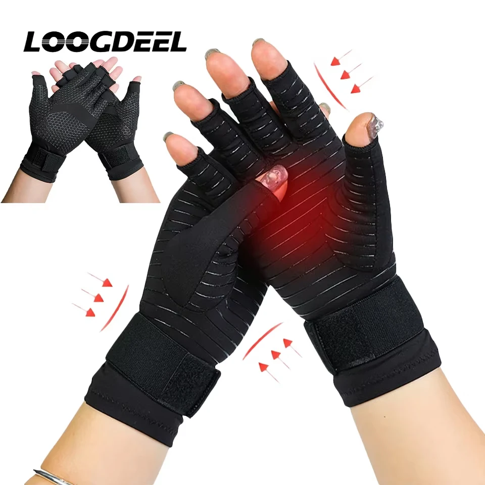 LOOGDEEL 1Pair Copper Fiber Half Finger Gloves Anti-slip Dispensing Adjustable Half Finger Wristband Pressure Gloves Unisex