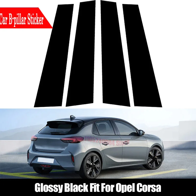Image of Komplettes 4-teiliges Set glänzend schwarzer B- und C-Säulenabdeckungen für Opel Corsa Hybrid E GS Line GS Türfenster-Zierleisten-Dekorationsaufkleber.