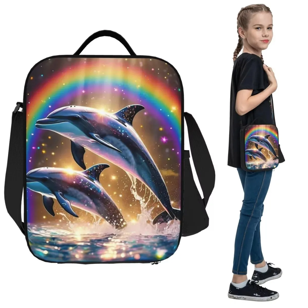Sunset Dolphins Dancers Sea Creature Dolphin Insulated Lunch Bag for Kids School Food Box Tote Portable Lunch Boxes Container