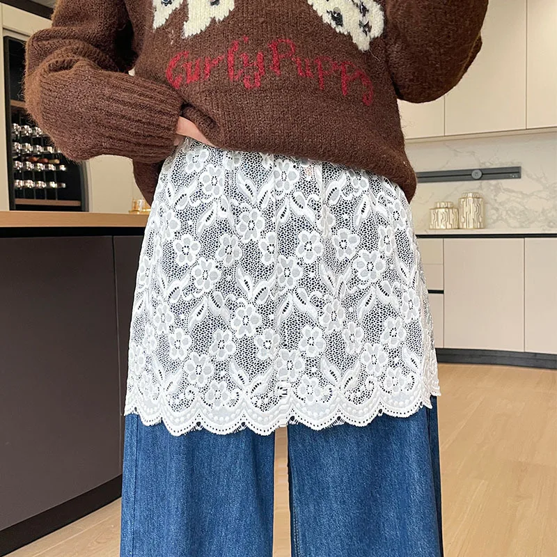 Nuova Sottogonna in Pizzo a Strati per Ragazze, Stile Coreano Dolce, Ricamo Floreale Bianco e Nero, Gonna Versatile Base Layer