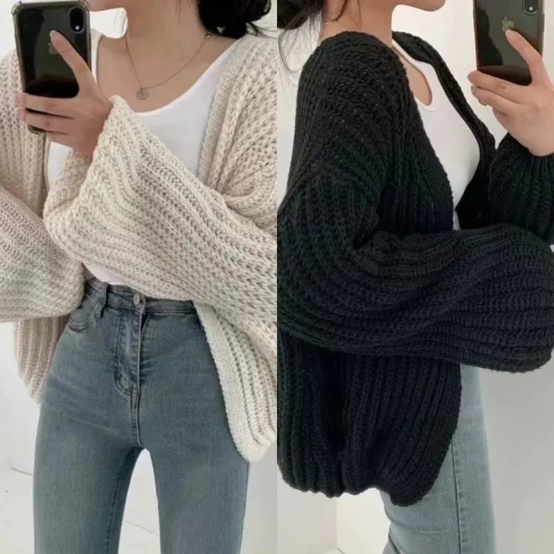 

Chic Versatile Solid Color Knitted Long Sleeved Women's Shirt 2024 New Autumn Casual V Neck Loose Sweater Jacket Street Cardigan