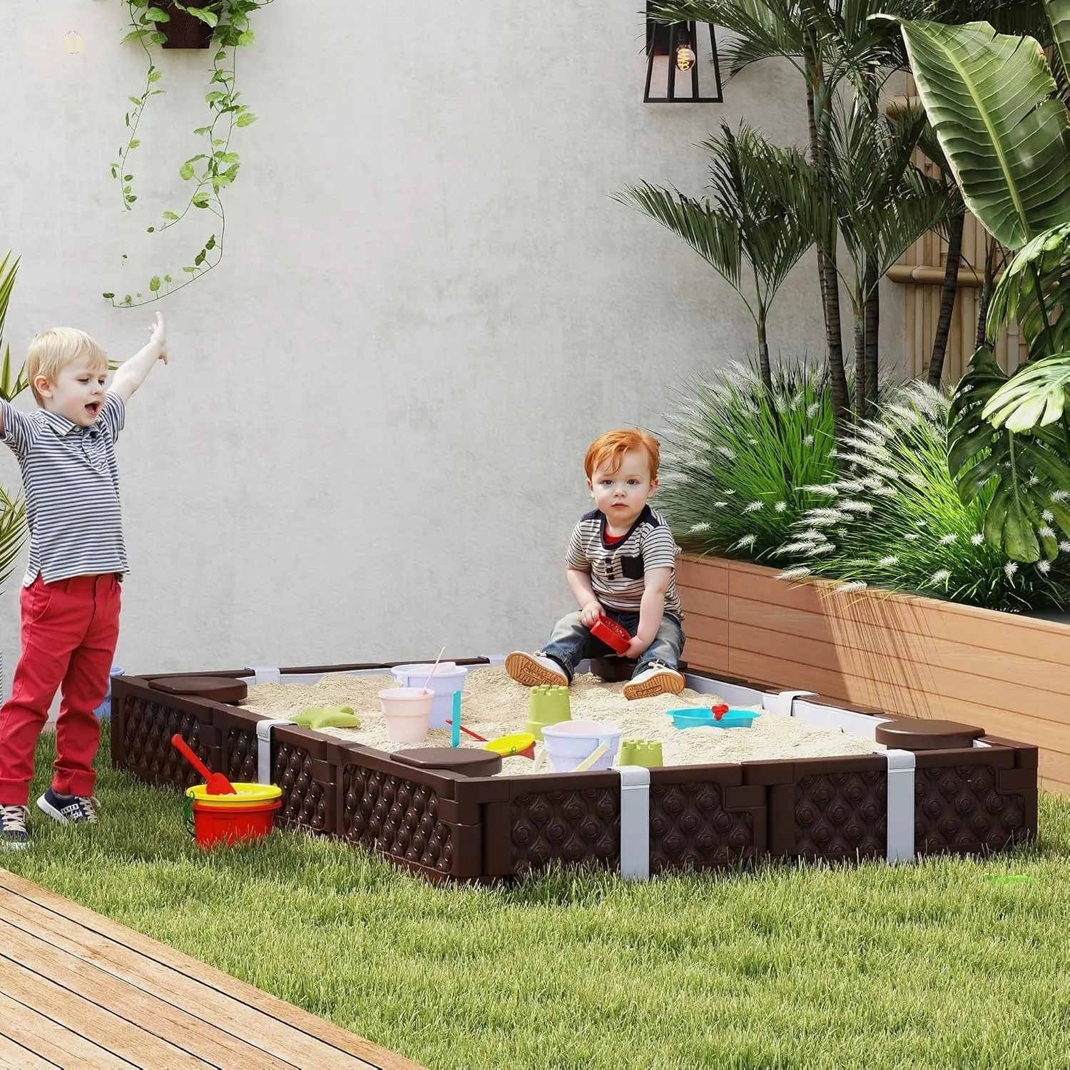 صندوق رمل للأطفال مع غطاء ، صندوق رمل مستطيل ، حفرة رمال كبيرة مع 4 مقاعد ، بطانة سفلية مقاومة للماء ، مقاومة للطقس ، في الهواء الطلق Sa ، 73"