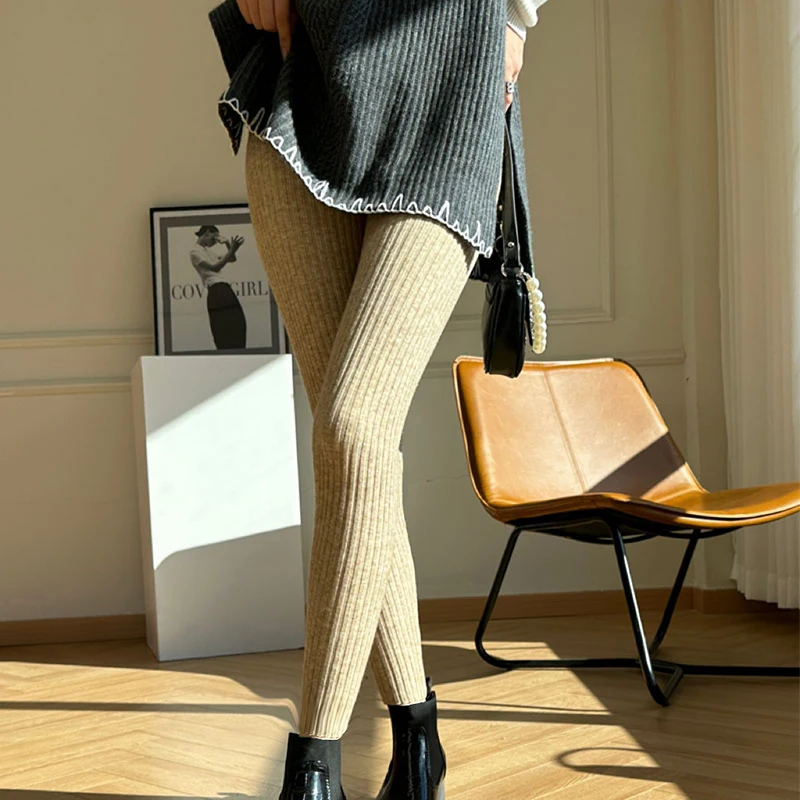 Pantalon droit moulant taille haute tricoté en laine 100% avec cordon de serrage pour garder au chaud des Leggings féminins, automne et hiver