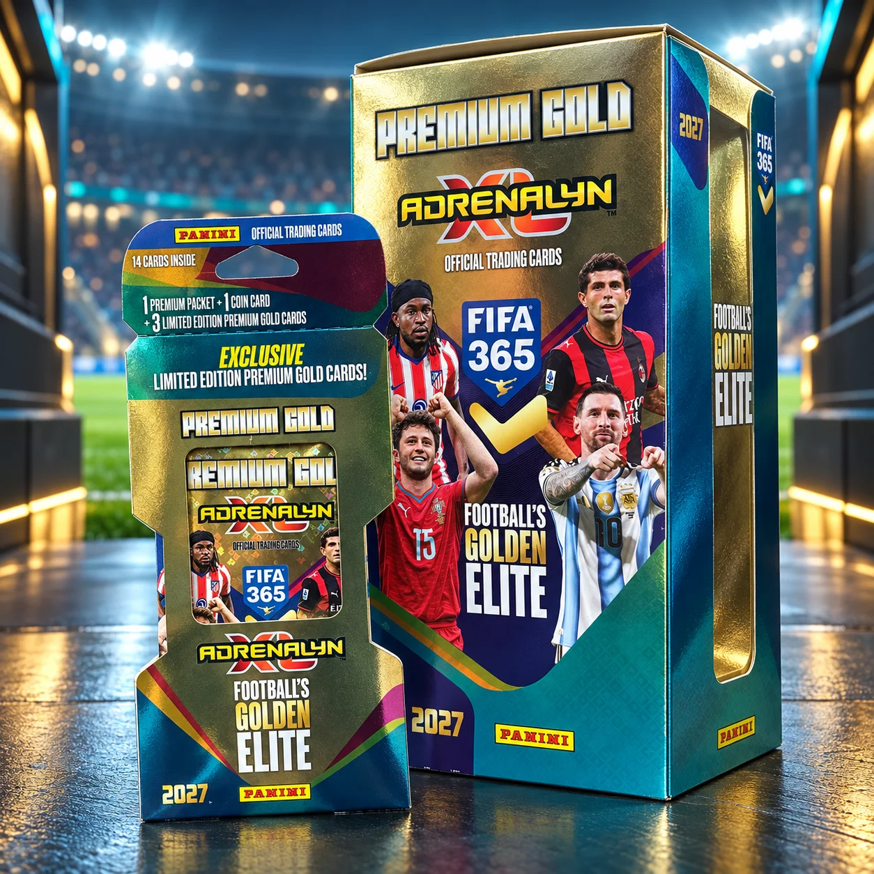 2026-2027 Panini FIFA365 Adrenalyn XL Premium Gold Limited Edition Soccer Trading Cards, Official Football Player Collectible Cards Blister Pack Gift