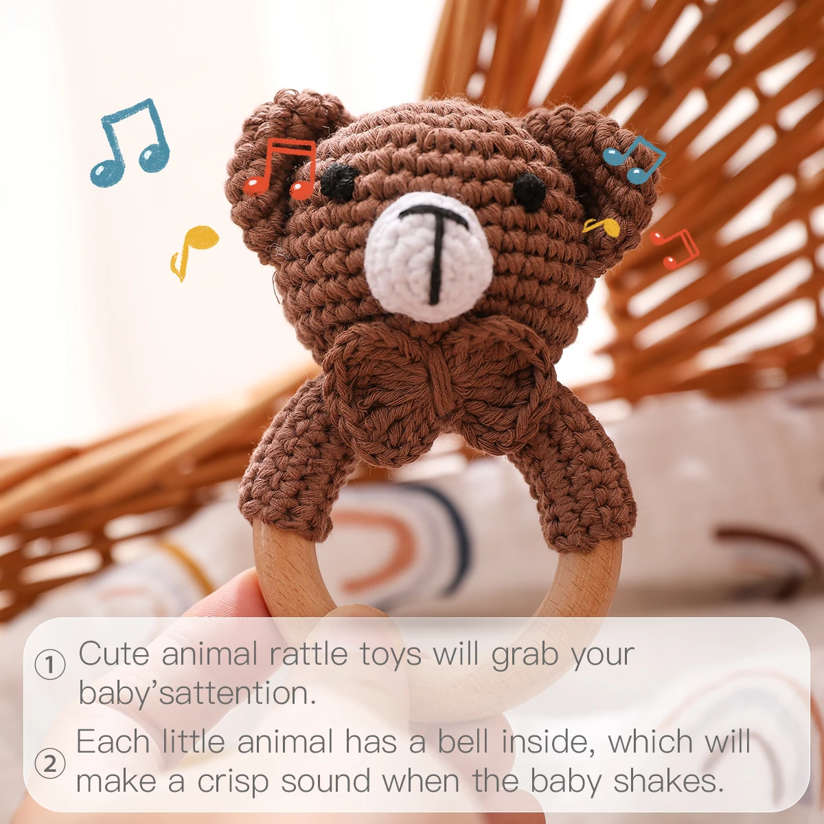 Wooden Baby Rattle Toys, Newborn Crochet Bear Rattle Toy Natural Wood, Shaker Rattle for Hand Grips, Boy Girl First Rattle Gift view 3