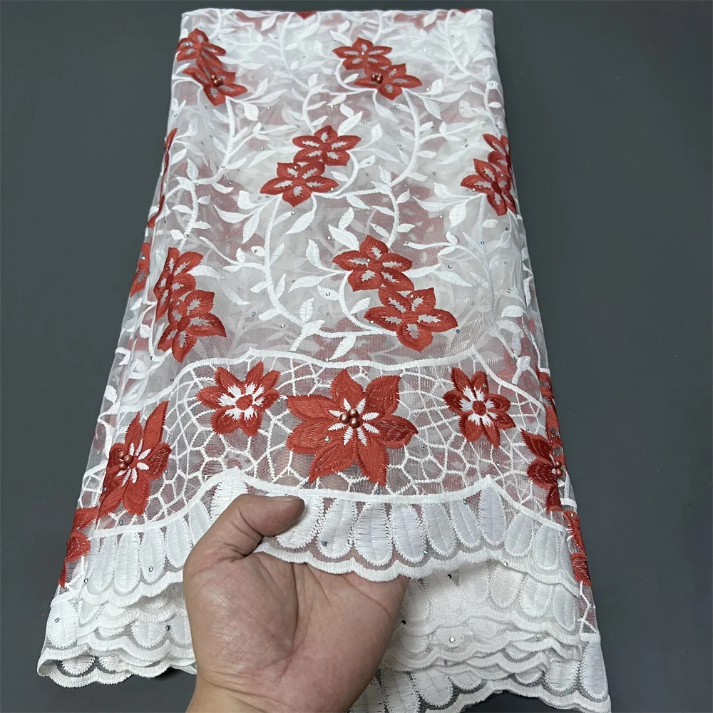 High Quality African Lace Fabric, Embroidery Tulle Cotton, French Wedding Party Dress, Guipure Sequins, 5Yards, Latest 2024