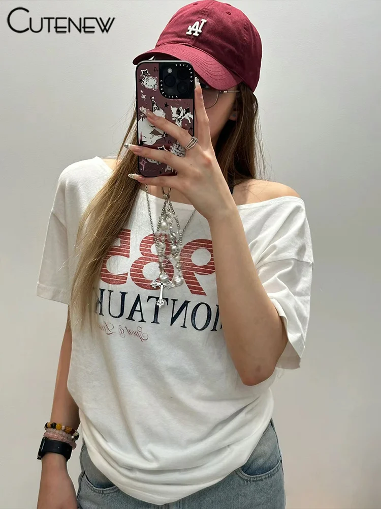 Cutenew Printed Women T-shirts Summer Casual Off Shoulder Short Sleeve Off Shoulder Oversized Tees Female All-matched Streetwear