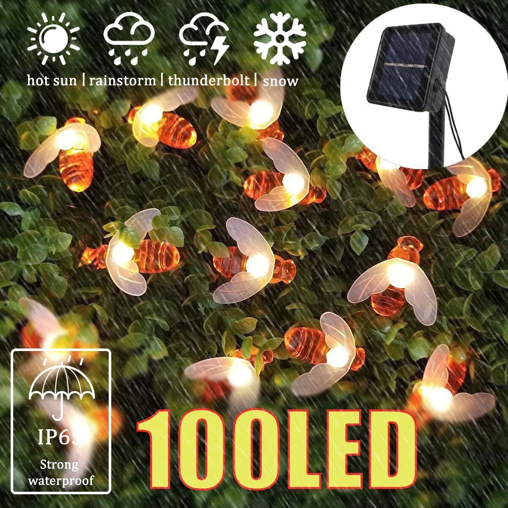 100LED Solar Bee String Lights Outdoor Fairy Light Chritmas Garland 8 Modes Waterproof Patio Light for Garden Party Decor