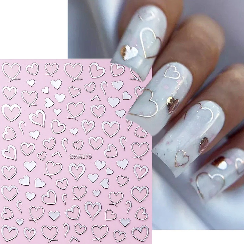3Pcs Love Heart Nail Stickers, Red Gold Silver Bronzing Nail Decals, DIY Adhesive Slider for Valentine's Manicure Decoration