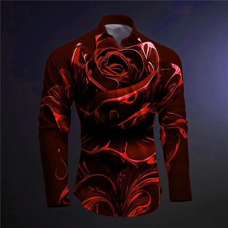 Camisa de manga comprida masculina com estampa rosa, top estampado em 3D, roupa unissex casual, nova moda, primavera e outono, 2024