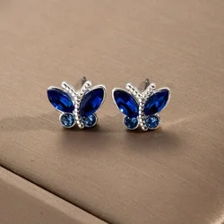 Luxury Fashion Trend Inlaid Blue Zircon Butterfly Shape Earrings for Women Elegant Simple Creative Anniversary Gift Jewelry