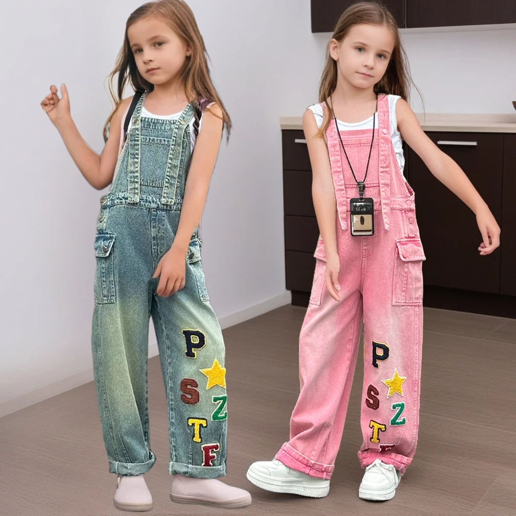 2025 Spring Girls Denim Overalls Stylish High-Waisted Adjustable Straps Jeans Jumpsuit for Kids Loose Casual Child Clothes Set