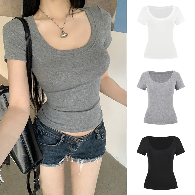 

2025 big U-neck shoulder-length short-sleeve T-shirt black white slim fit tee basic short-sleeve top for women summer crop tops