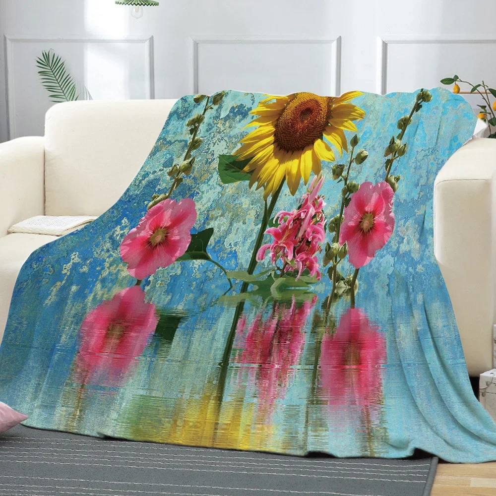 Vintage Sunflower Flower Oil Painting Flannel Throw Blanket Soft Warm Lightweight for Bed Couch Living Room for Kids King Size