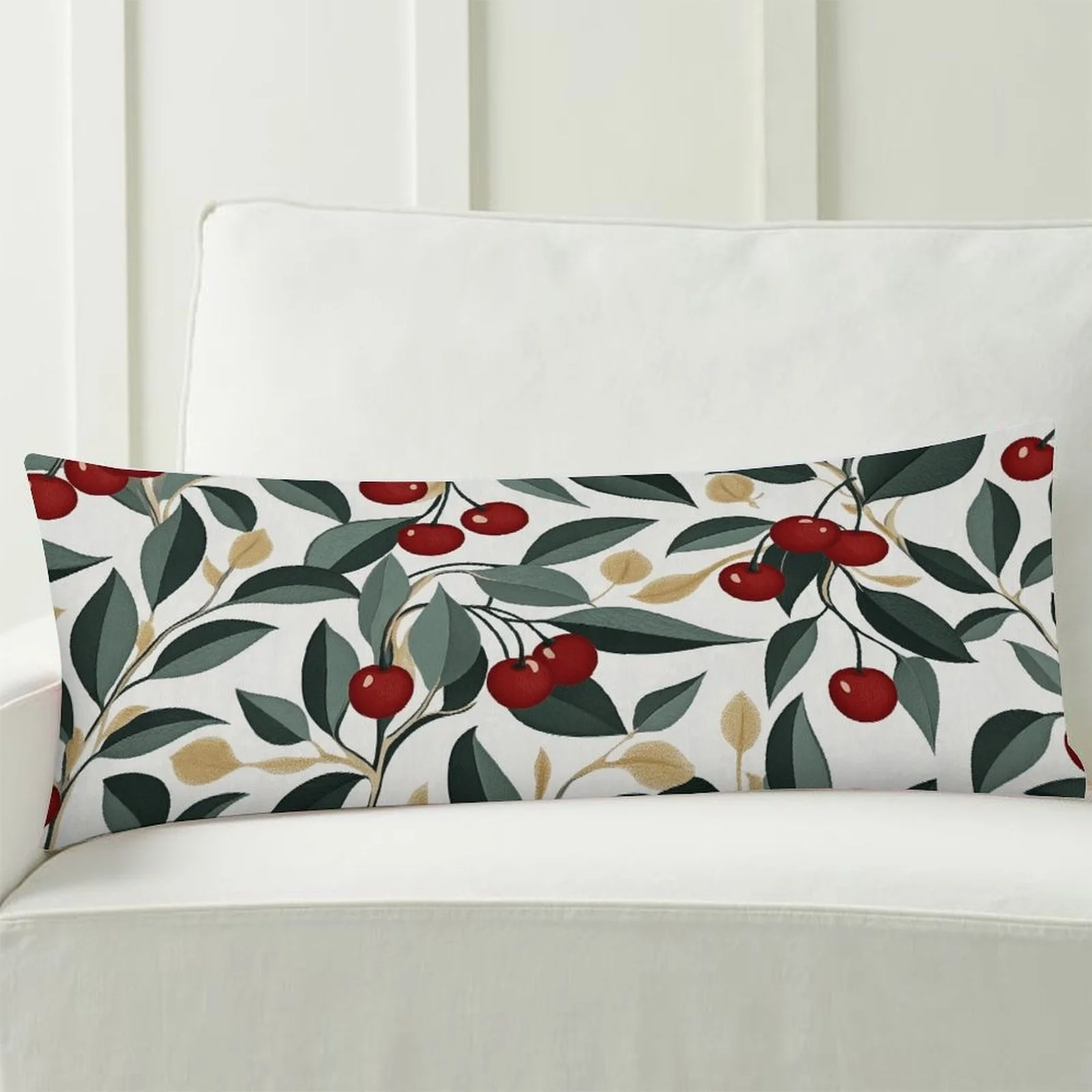 Extra-Long Pillowcase - Cherry Branch Pattern with Red Cherries and Green Leaves - Soft Plush Texture - Large Bed Pillowcase Sui