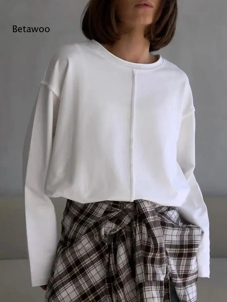 Oversized Loose Long Sleeve Top Women Crew Neck Center Seam Solid White Soft Breathable Casual Basic Tee