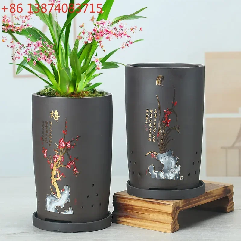 Chinese Style Breathable Ceramic Purple Sand Flowerpot Plum Orchid Bamboo Chrysanthemum Orchid Special Pot Tray Home Decoration