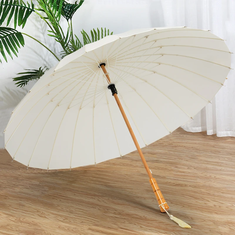 

Большой 24-костный бамбуковый деревянный зонт с длинной ручкой и кисточкой в стиле ретро, черно-белый простой китайский женский зонт от дождя