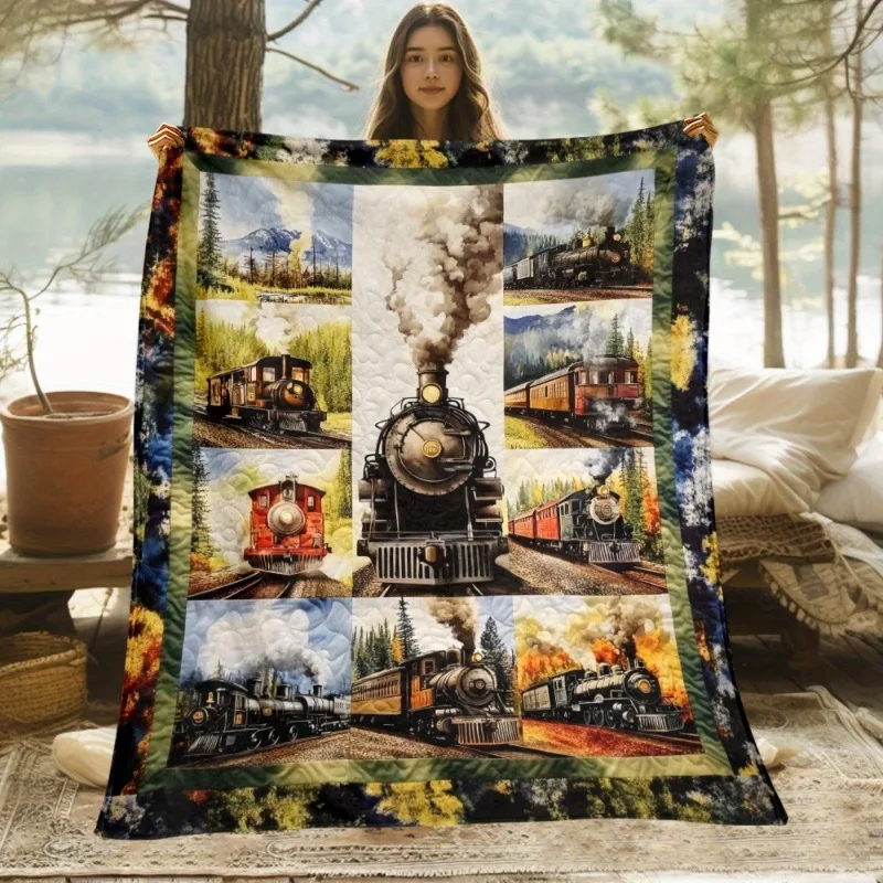 1pc Vintage Steam Train Throw Blanket - Locomotive & Railway Tracks Design with Lush Green Hills & -Timer Train Engines