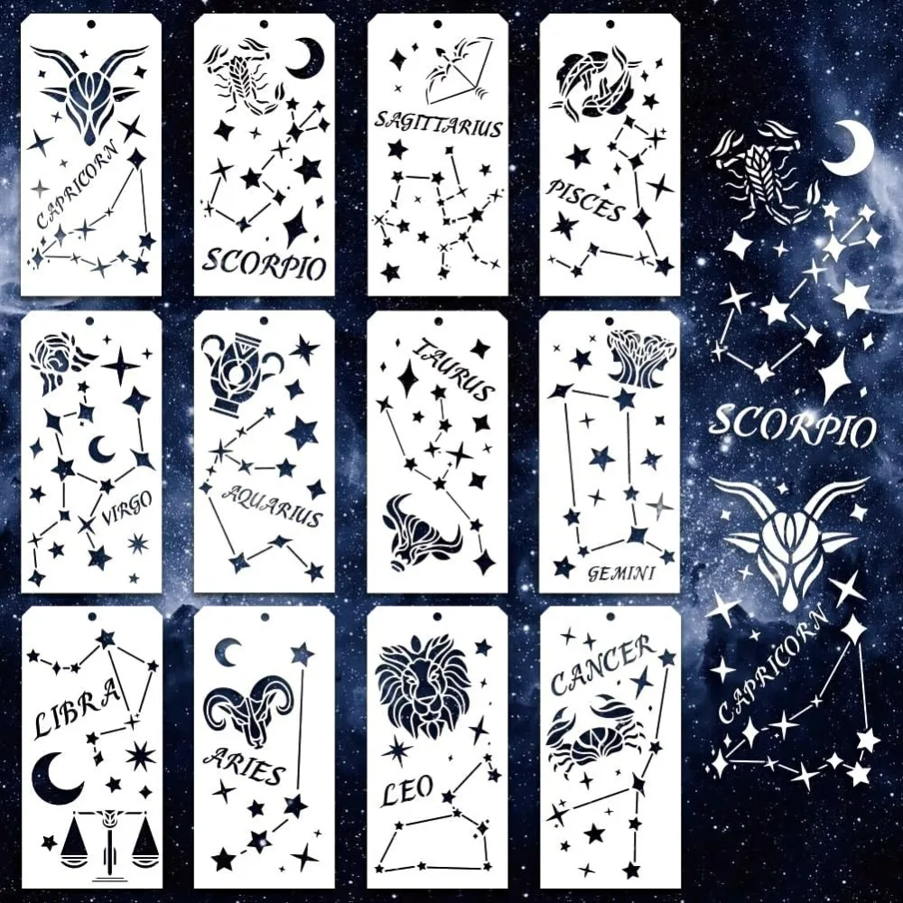 12 Pcs Stars Decorative Stencils 12 Styles Star and Moon Stencil Reusable Star Zodiac Constellation Painting Stencils