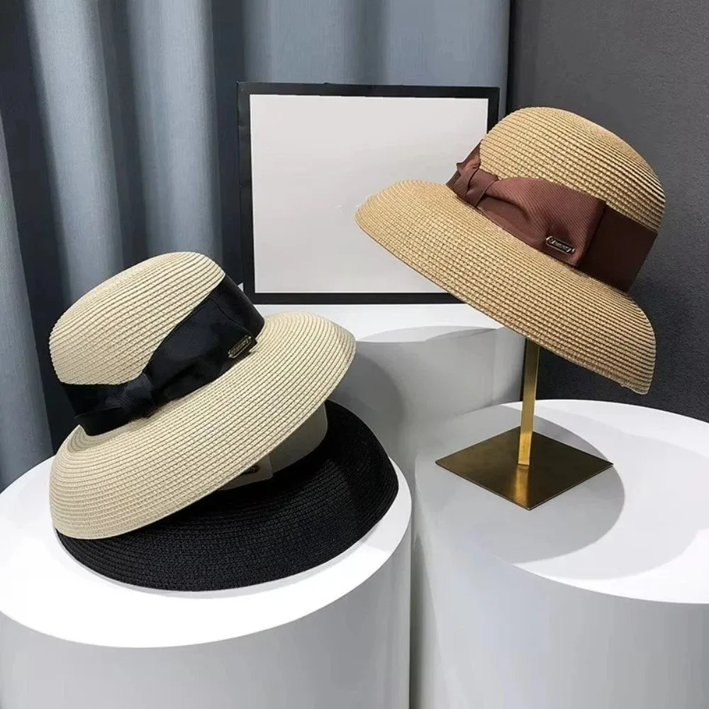 French Summer Women Straw Hat Wide Brim UV Resistant Beach Sun Hat Hepburn Style Face Covering Sun Hat For Beach Vacation
