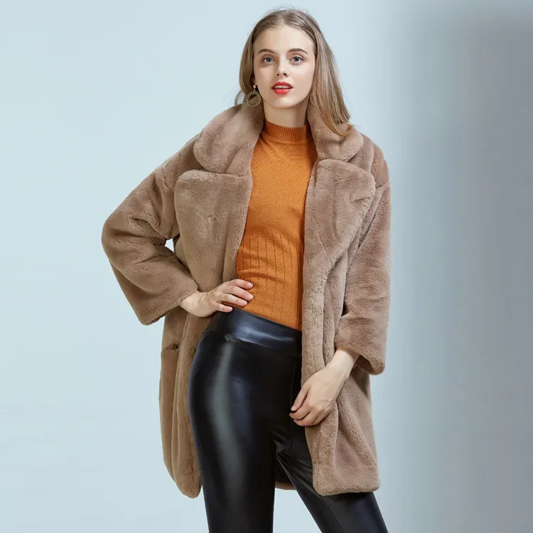 

Faux rabbit fur coat for women, mid-length suit collar, loose winter coat for women