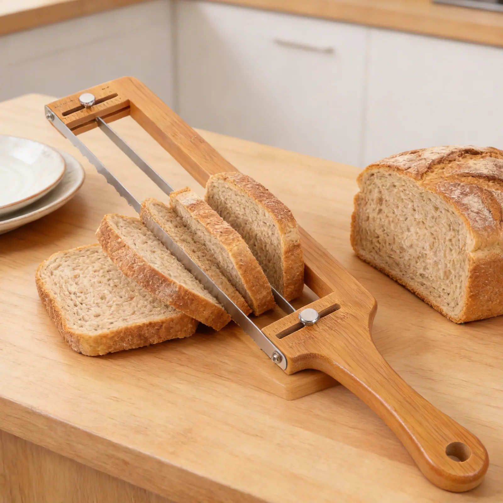 Bamboo Bread Slicer Adjustable Thickness Loaf Cutting Guide for Sourdough Rye Baguette with Handle
