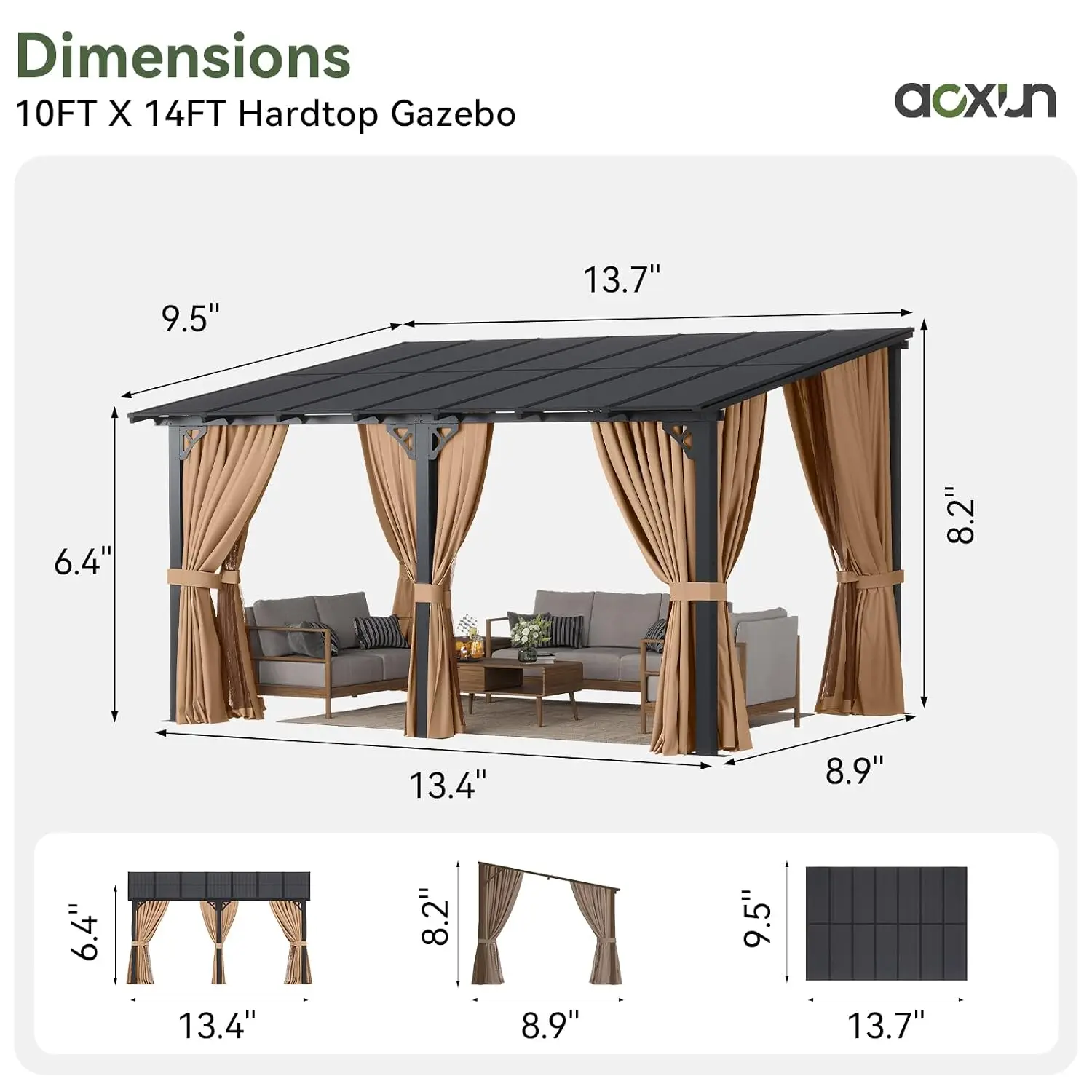 14'x10' Lean to Gazebo, Pergola with Mosquito Net and Curtains, Brown, Customized