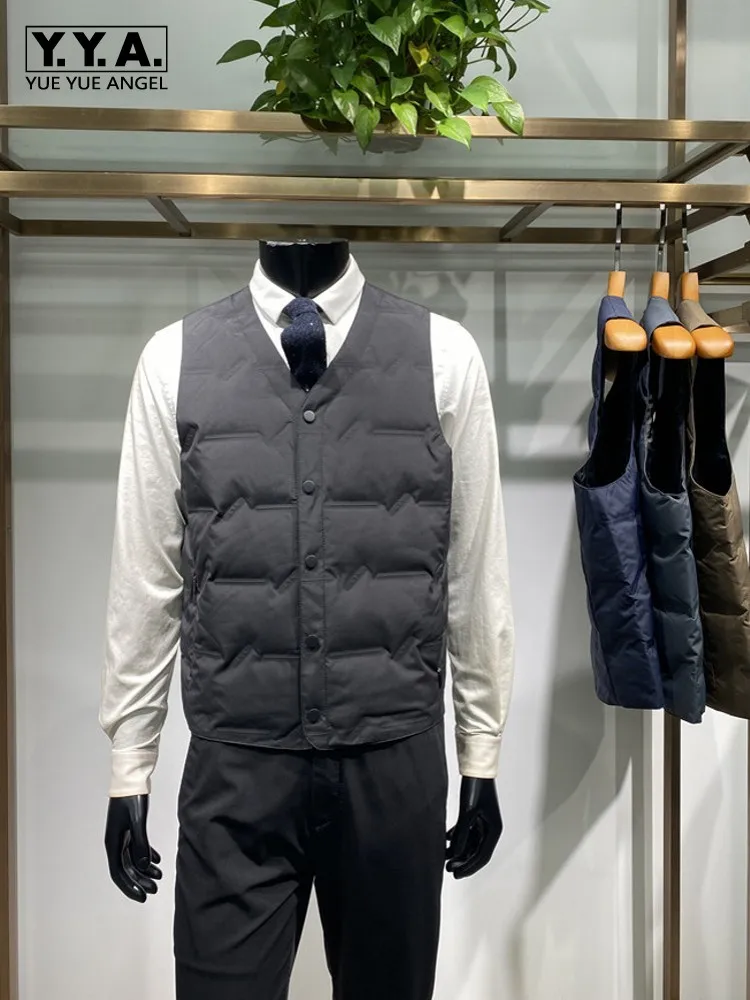 New Style Winter V Neck Mens Down Vests Single Breasted Business Leisure Vest Tops Male Solid Color Sleeveless Jacket Hot Sale
