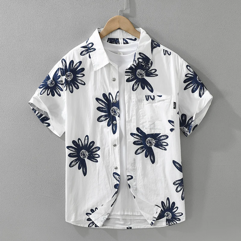 

White Trend Print Short Sleeve Shirt for Men Casual Loose Plus Size Shirts 2025 Summer New Men's Clothing