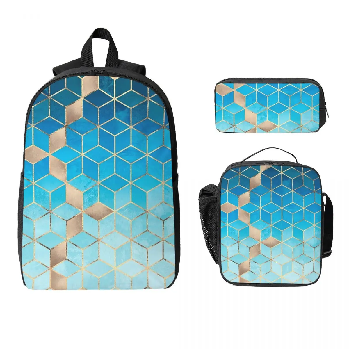 Sea And Sky Cubes Backpack Student BookBag School Bag Laptop Shoulder Bags 3ps Insulated Lunch Bag Pencil Case