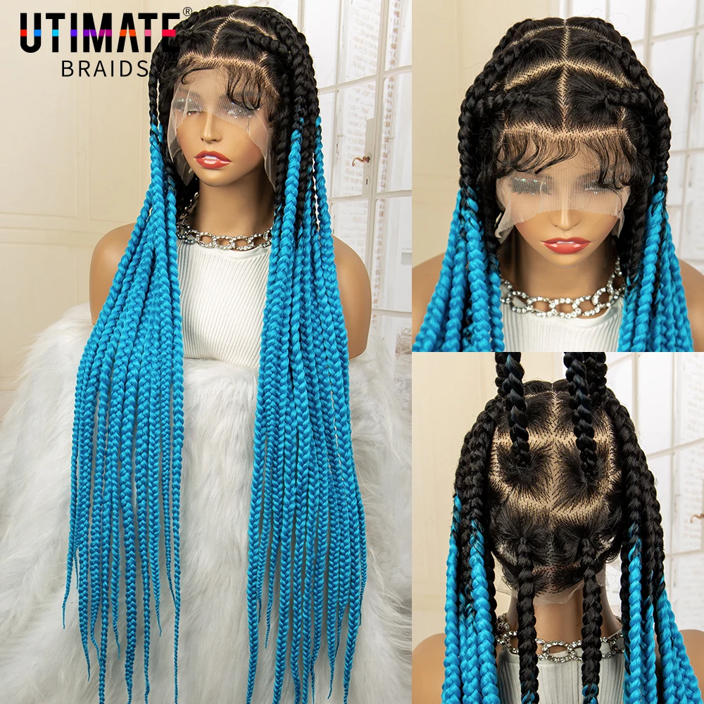 OTBlue Synthetic Box Braided Wigs with Baby Hair Full Lace Big Braids Wigs for Black Women Blue Wigs Long Hair Braiding Hair