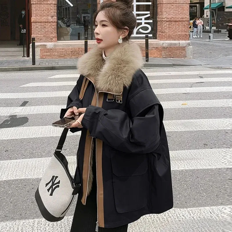 New Parker Overcoat Women\'s Winter Fleece Thick Padded Cotton Coat Large Fur Collar Cotton Clothing Female Padded Jacket