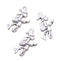 10pcs Charms Halloween Witch On Broomstick 25x19mm Antique Silver Color Pendants Making DIY Handmade Tibetan Finding Jewelry