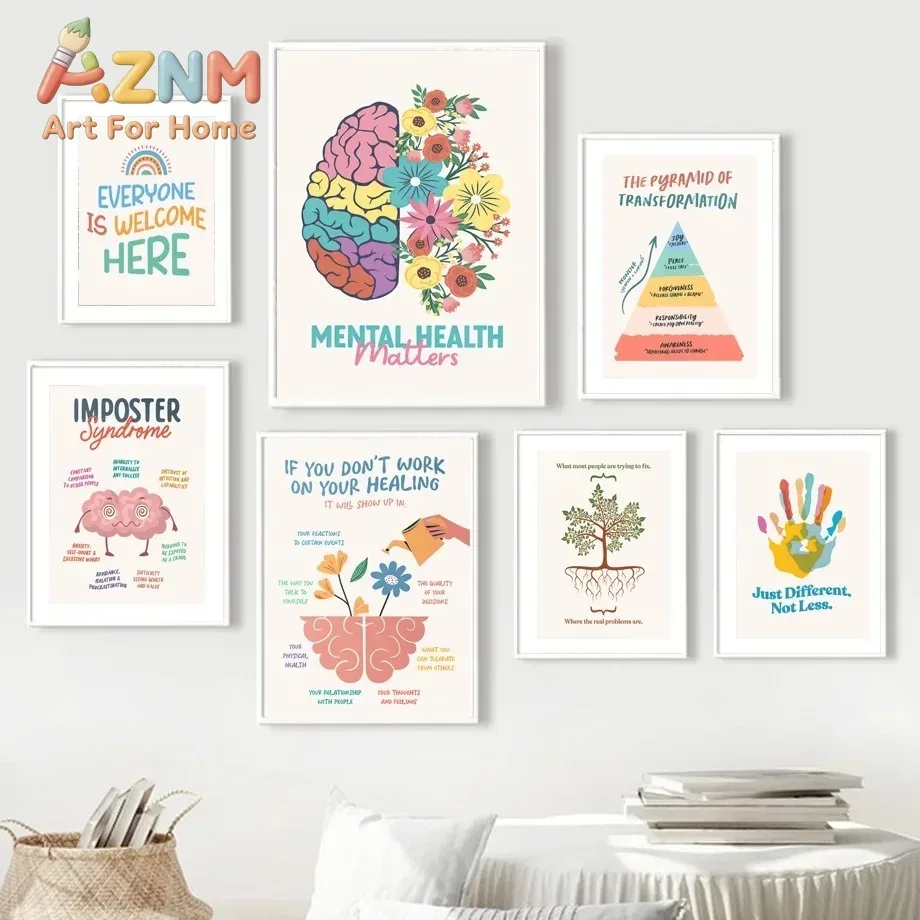 Mental health issues with hands and brain rainbow wall art oil painting poster decoration psychological hospital home decoration