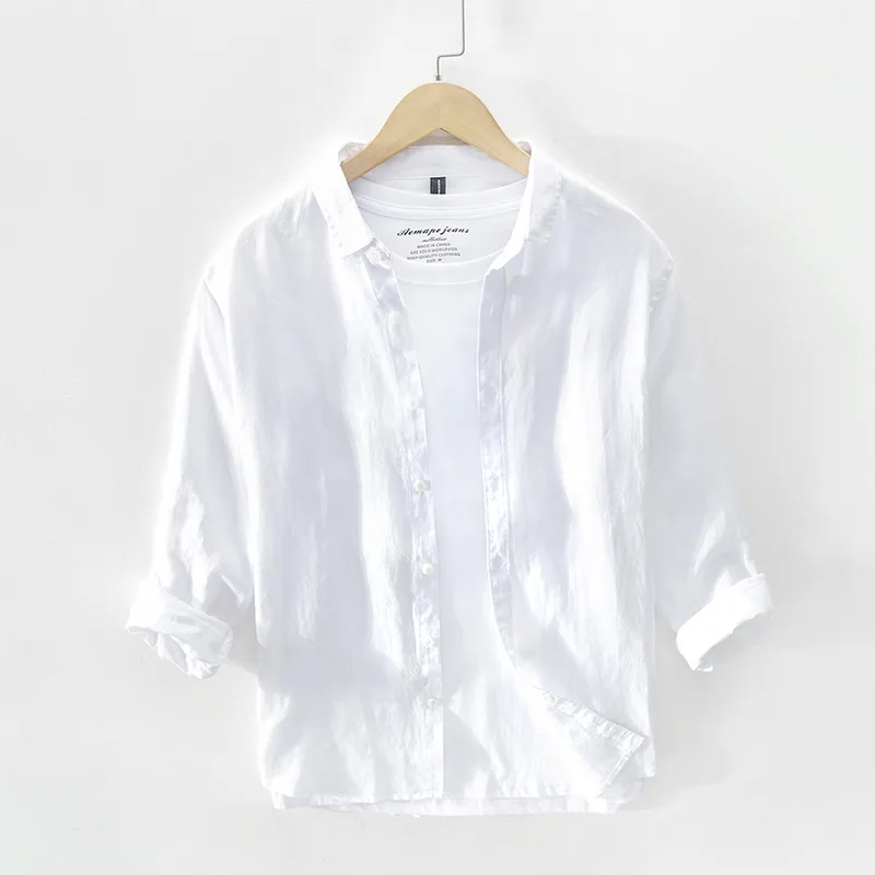 Autamn And Spring Thin Artistic Linen Shirt Men's Long-sleeved Loose Small Collar Linen Shirt White  Fabric Top