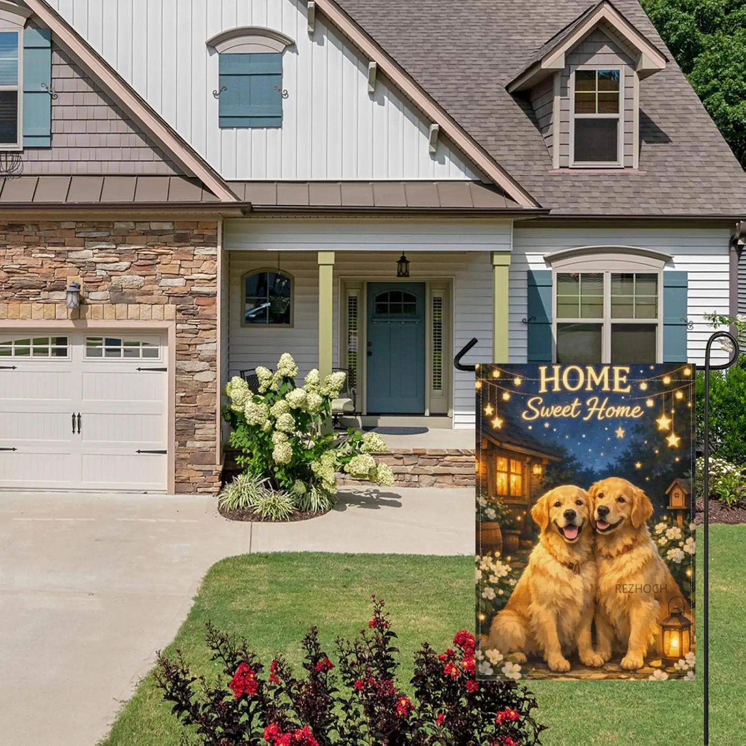 Fun Golden Retriever Dog Garden Flag 28x40Inch,Cute Animals Night Garden Scene,Home Sweet Home Warm Cottage Lights Floral Ya AAS