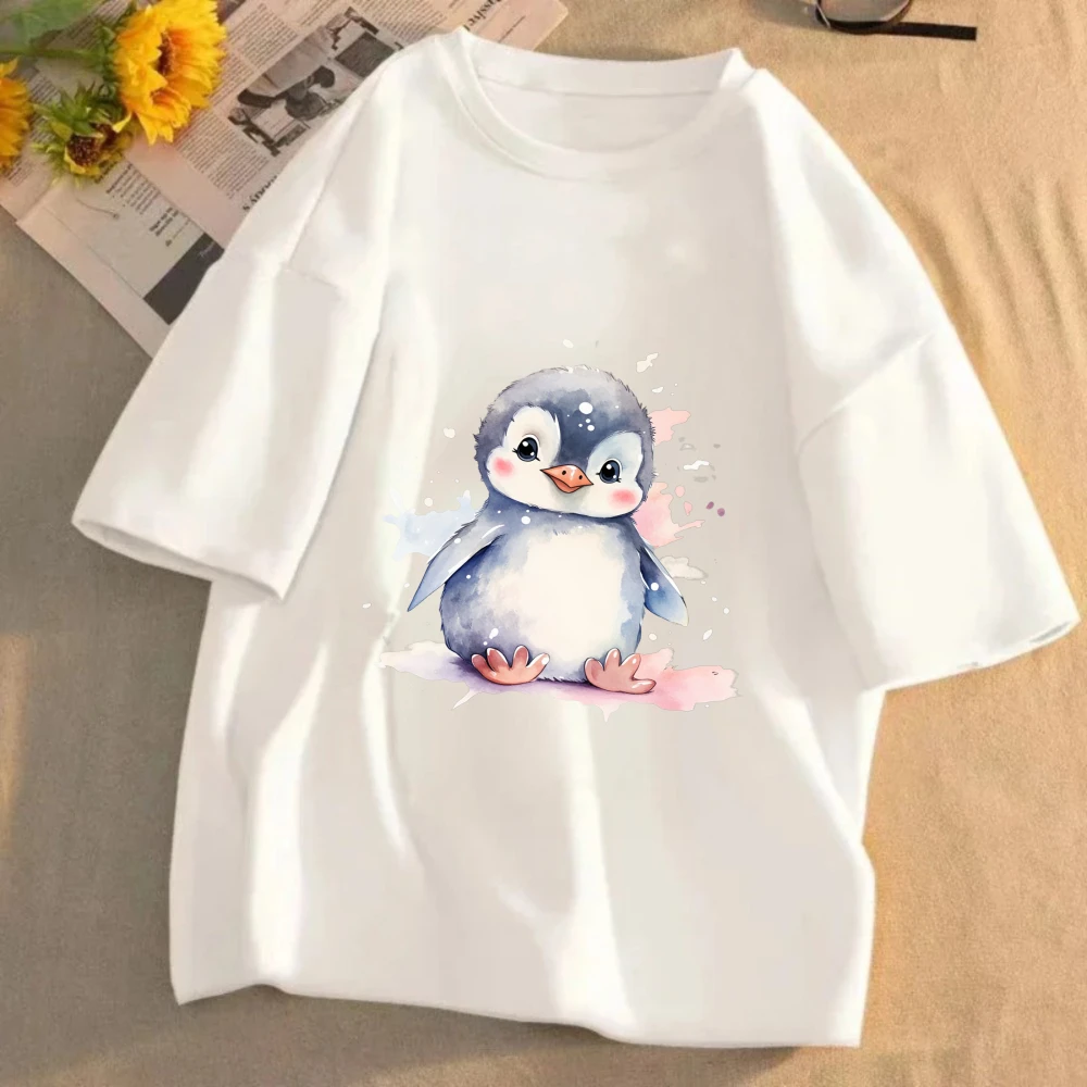 Vintage Watercolor Penguin T-Shirt, Cute Animal Graphic Cotton Short Sleeve Tee, Retro Casual Top for Women T Shirt Y2k Top