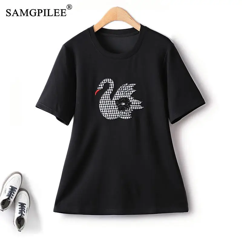 

Oversized T-shirt Patch Embroidery Pattern Sweat Absorbing Elastic O Neck Short Sleeve 2023 Summer Korean Fashion Tops Women 4XL