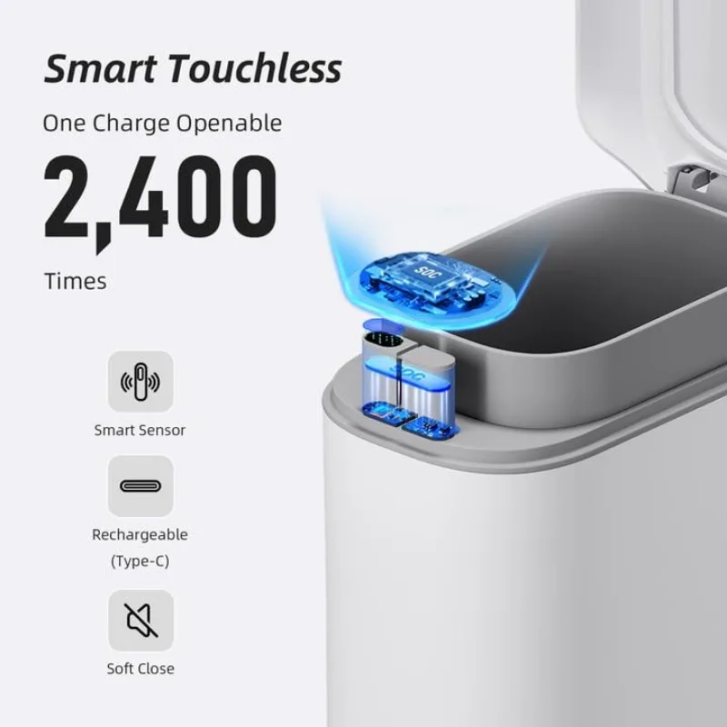 Rechargeable Bathroom Trash Can,Motion Sensor Trash Can Automatic Touchless,White 3.5 Gallon Smart Garbage Can with