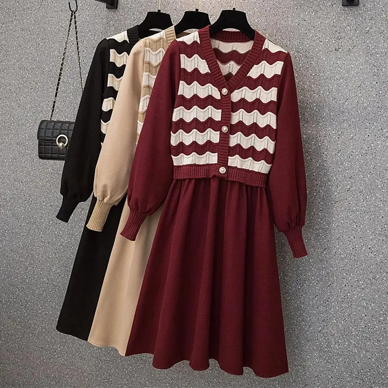 Elegant Striped Jacquard Knitted Long Dresses For Women Large Size Spring Autumn Female Black Khakie Burgundy Loose Warm Vestido