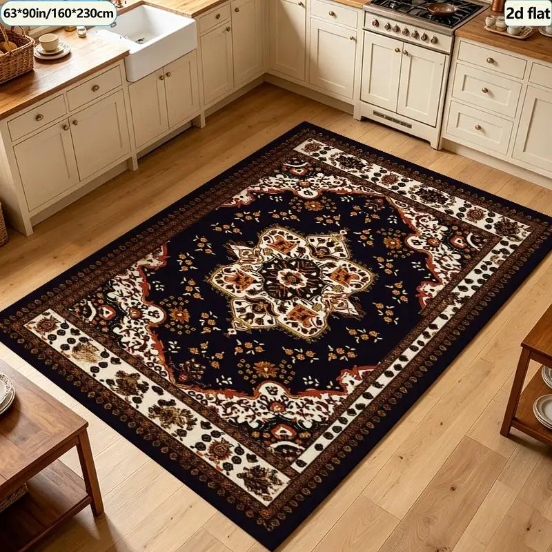 Vintage Light Blue Oriental Carpet Flooring Antique Medallion Square Area Rug Retro Household Indoor Floor Decor