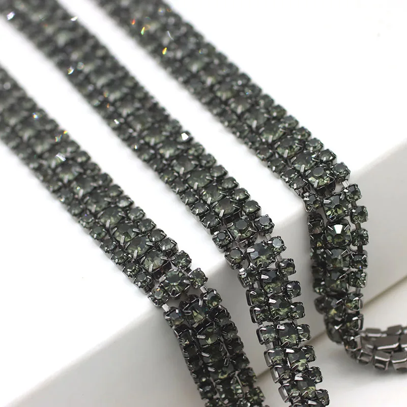 1 yard 3 Rows Black Diamond Grey Rhinestone Trim Sew on Rhinestone Cup Chain for Dance Party Dress Bags Decration