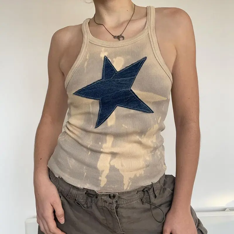 

Knitted Camisole Tie-Dye Five-Pointed Star Thread American Retro 2024 Summer New Slim Fit Hot Girl Top