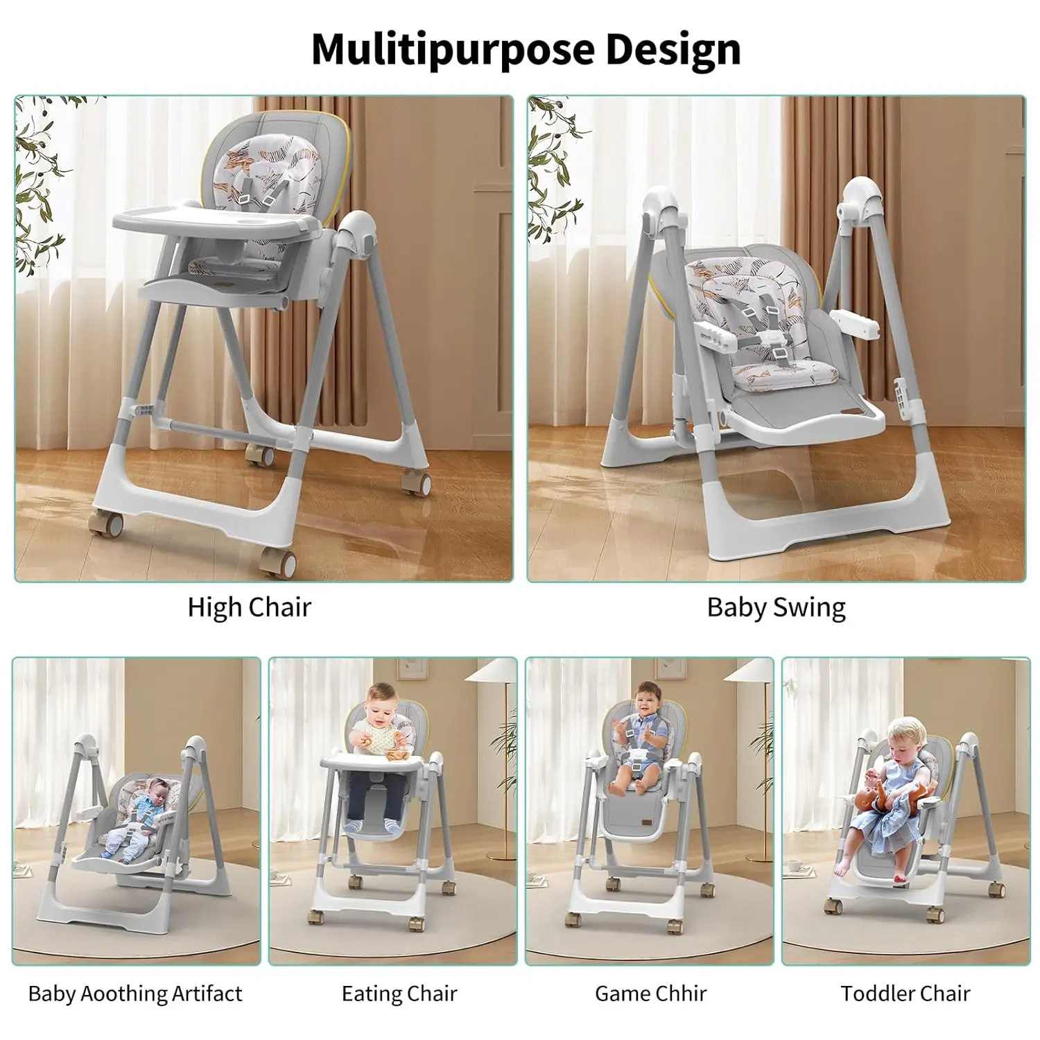 Baby Swings for Infants, Foldable High Chair with Wheels，5 Adjustable Height, 4-Position Backrest,