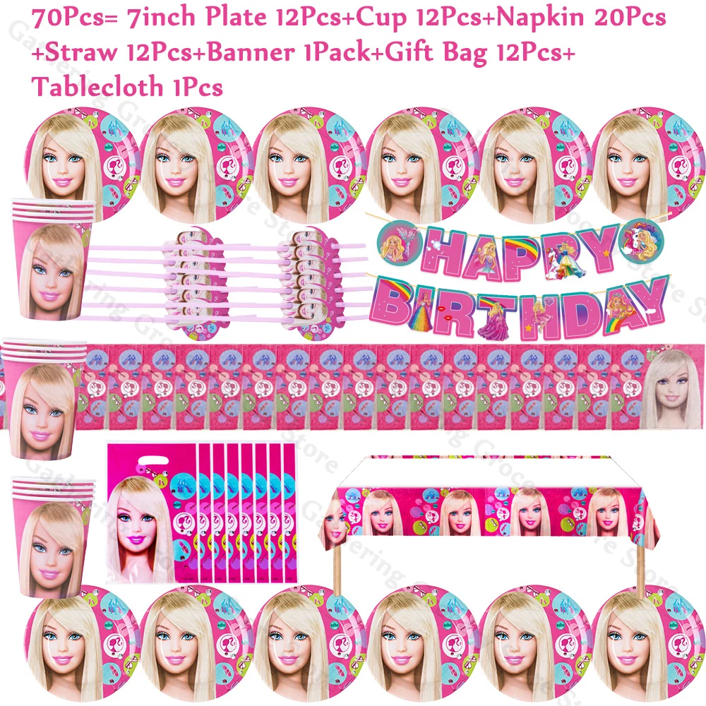 1Set Pink Barbie Movie Girl Princess Birthday DIY Gift Party Decoration Paper Plate Tablecloth Ballon Cup Party Supplies Kid Toy