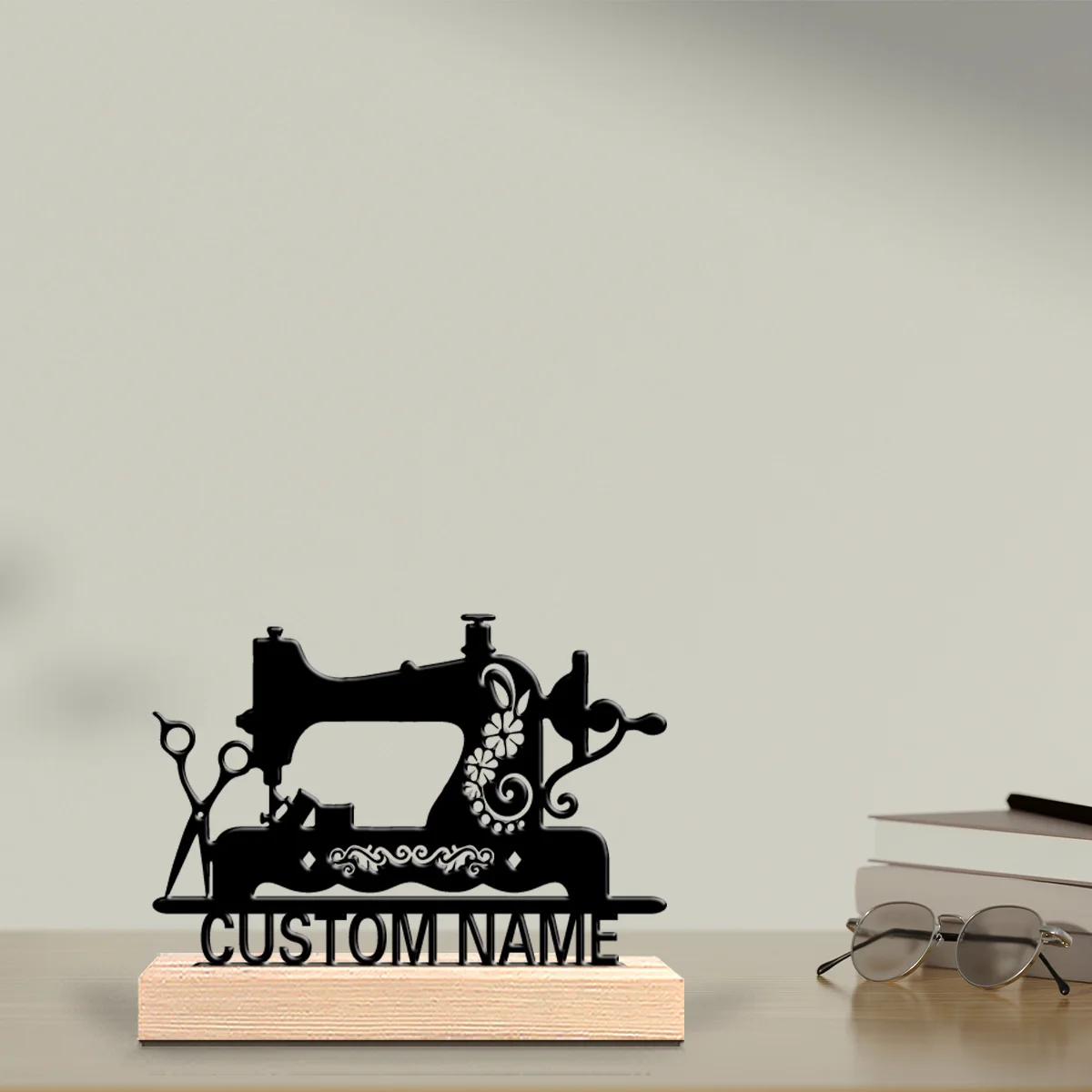 1pc New Design Personalized Custom Sewing machine Metal Statues Modern Wooden Base Decor for Office, Living Room, Nature-Inspire