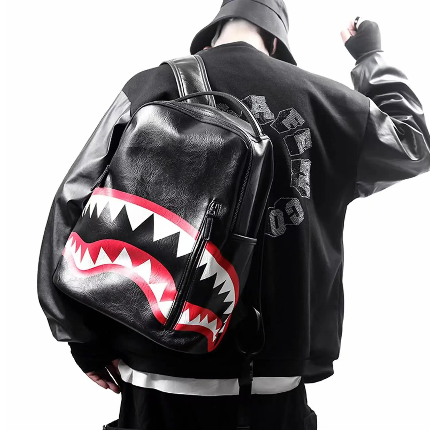 Men Shoulders Bag Fashion Plaid Backpack PU Leather Schoolbag Waterproof Travel-bag Large Streetstyle Shark Bagpack Male Women