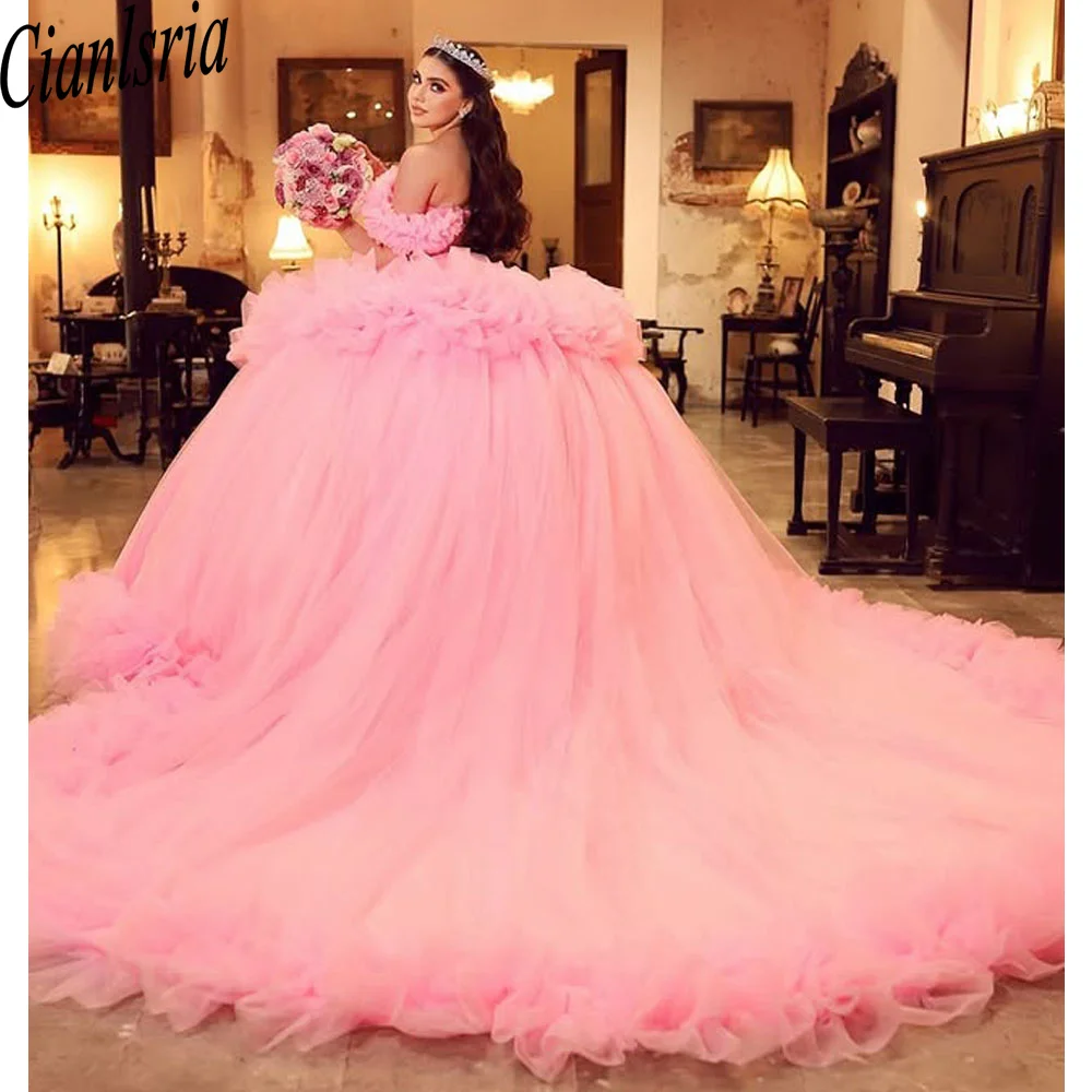 Quinceanera Dresses  Pink Princess Graduation Ball Gown Off The Shoulder Lace Appliqued Vestido De