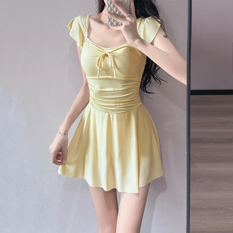 Swimsuit women's one-piece solid color skirt conservative slim fit cover the flesh cover belly student hot spring
